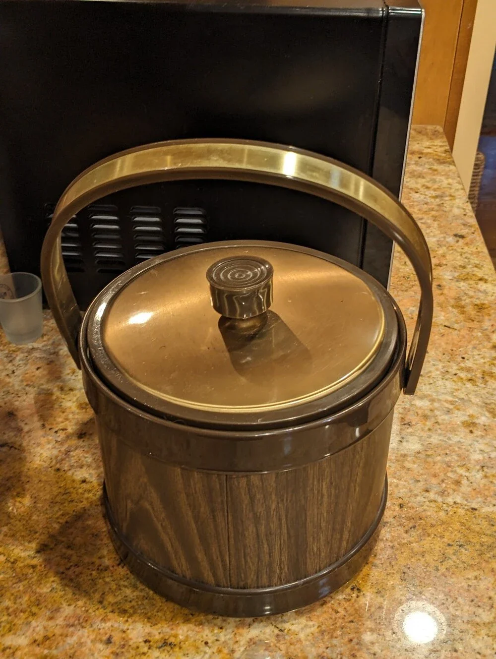 Vintage Atapco Ice Bucket Lid Handle Faux Wood Grain Faux Brass Accent Pre-owned